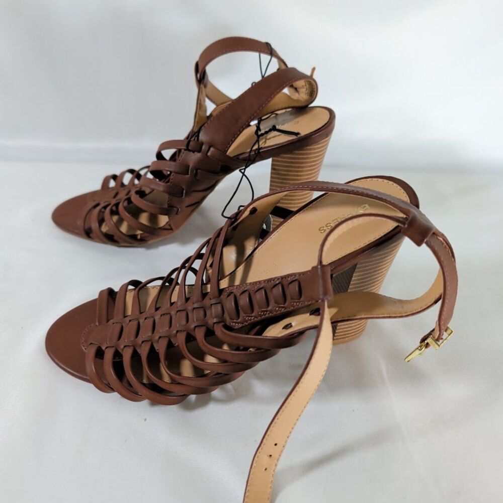 Express Womens Size 10 Cognac Strappy Block Heel Sandals Ankle Strap NWT - Picture 2 of 4